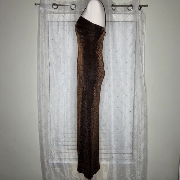Vtg Betsy & Adam Sz 6 Metallic Copper Brown Dark Romance Vampy Maxi Dress - Picture 2 of 8
